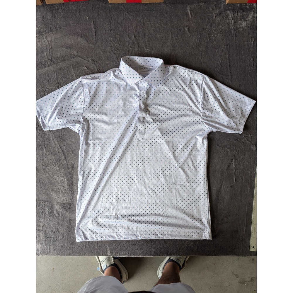 Collars & Co Men White Blue Geometric Performance Polo Shirt Large Short Sleeve